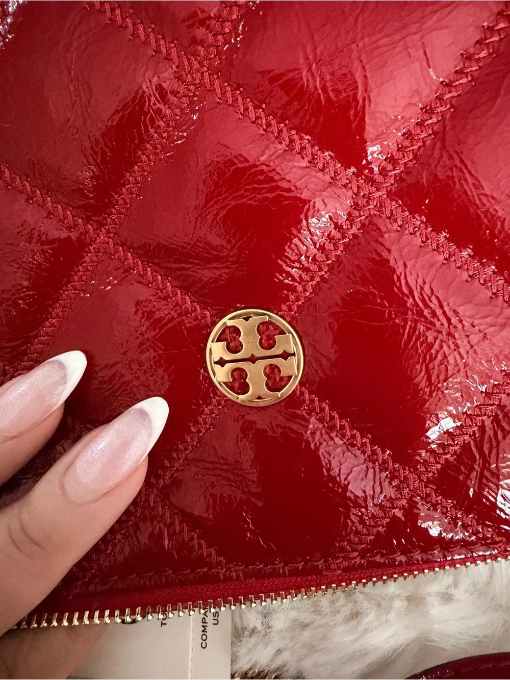Tory Burch Red Quilted Patent Leather Crossbody Bag with Gold Hardware